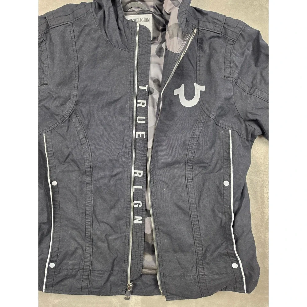 True Religion Moto Jacket‎ Mens Large Black Camo Lined Zip Hood Biker Reflective